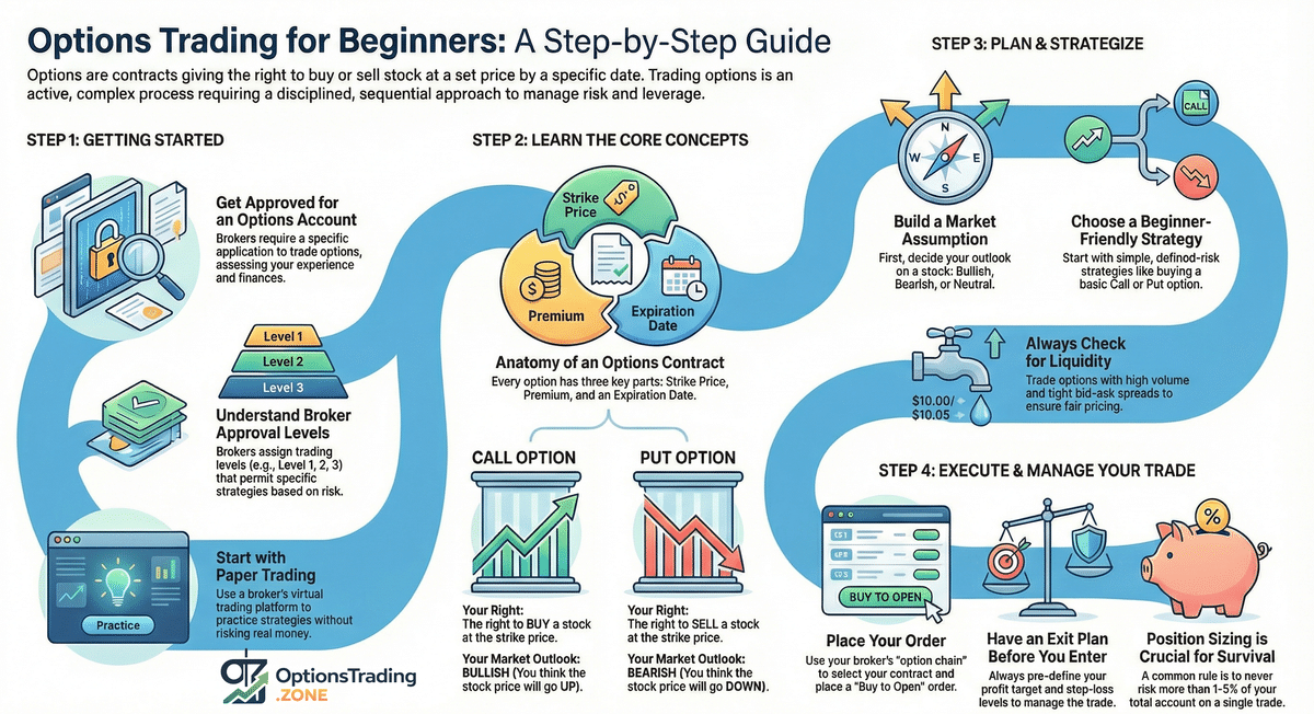 Options Trading for Beginners: A Complete Step-by-Step Guide infographic